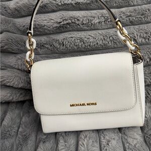 Michael Kors White Saffiano Leather Shoulder Bag with Gold Hardware